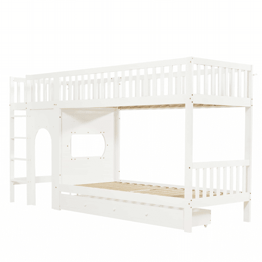 Cama alta infantil 90x200 - Escada reta de 4 degraus, grades nos 4 lados, design personalizável - Branco + Natural