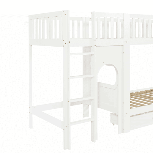 Cama alta infantil 90x200 - Escada reta de 4 degraus, grades nos 4 lados, design personalizável - Branco + Natural