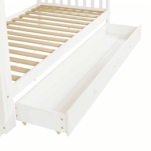 Cama alta infantil 90x200 - Escada reta de 4 degraus, grades nos 4 lados, design personalizável - Branco + Natural