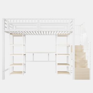 Cama alta 90x200 cm - Estrutura em metal, secretária, prateleiras, LED, USB, sem colchão - Branco