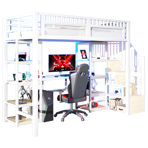 Cama alta 90x200 cm - Estrutura em metal, secretária, prateleiras, LED, USB, sem colchão - Branco