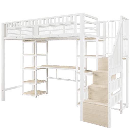 Cama alta 90x200 cm - Estrutura em metal, secretária, prateleiras, LED, USB, sem colchão - Branco