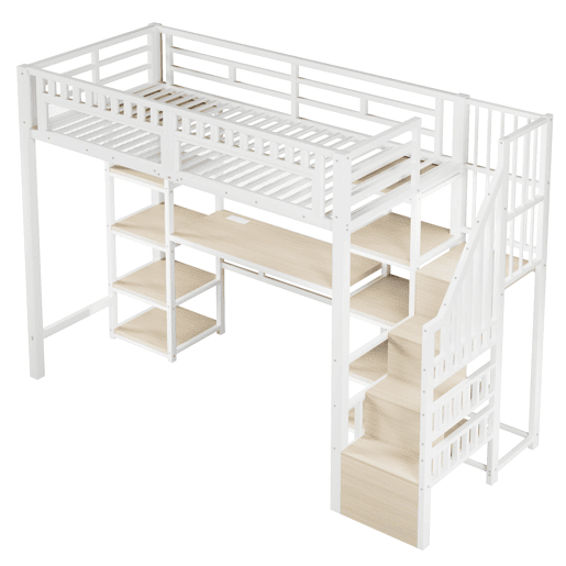Cama alta 90x200 cm - Estrutura em metal, secretária, prateleiras, LED, USB, sem colchão - Branco