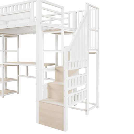 Cama alta 90x200 cm - Estrutura em metal, secretária, prateleiras, LED, USB, sem colchão - Branco