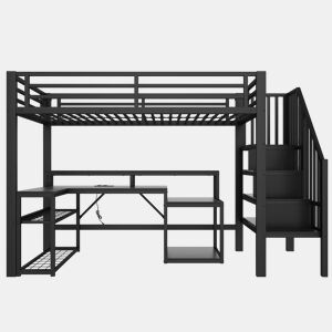 Cama alta 90x200 cm - Estrutura em ferro, secretária, escada com arrumação, LED, USB - Preto