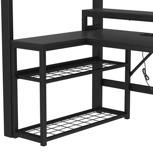 Cama alta 90x200 cm - Estrutura em ferro, secretária, escada com arrumação, LED, USB - Preto