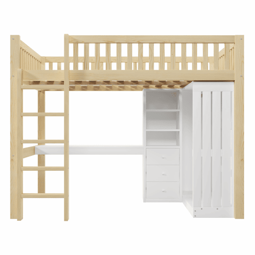 Cama alta 140x200 cm - Secretária, armário, 3 gavetas, arrumação, grade, escada - Natural