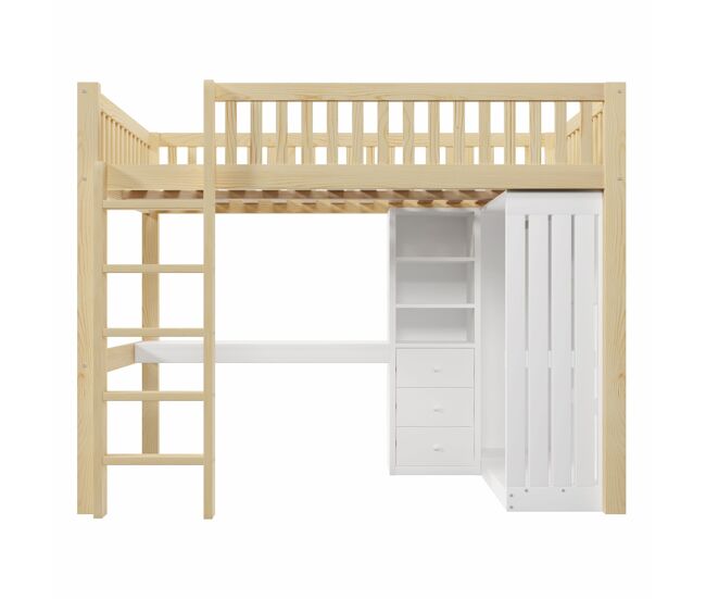 Cama alta 140x200 cm - escritorio, armario, 3 cajones, almacenaje, barandilla, escalera - natural