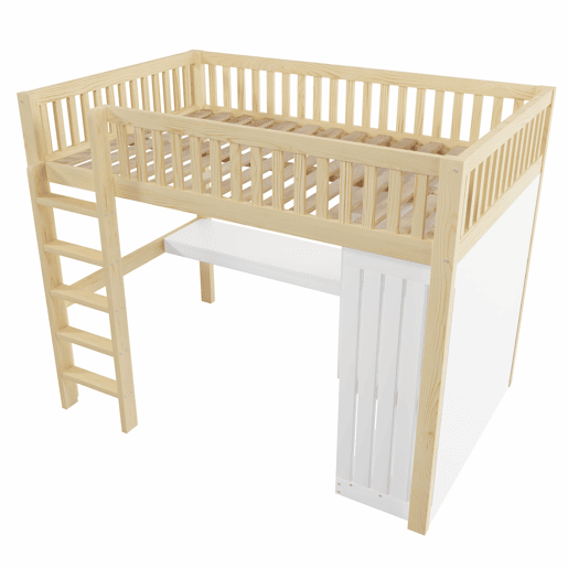 Cama alta 140x200 cm - Secretária, armário, 3 gavetas, arrumação, grade, escada - Natural