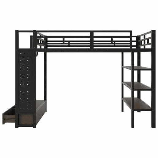 Cama alta 140x200 - armário aberto, prateleiras, painel perfurado e luz LED - preto