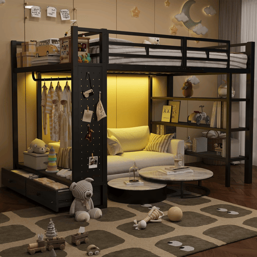 Cama alta 140x200 - armário aberto, prateleiras, painel perfurado e luz LED - preto