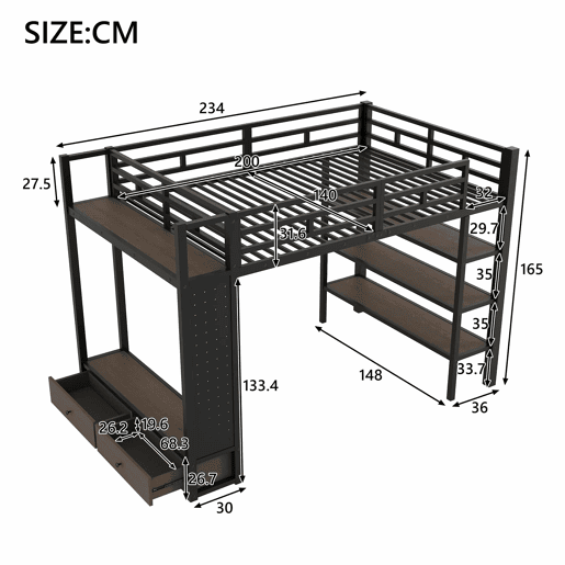 Cama alta 140x200 - armário aberto, prateleiras, painel perfurado e luz LED - preto