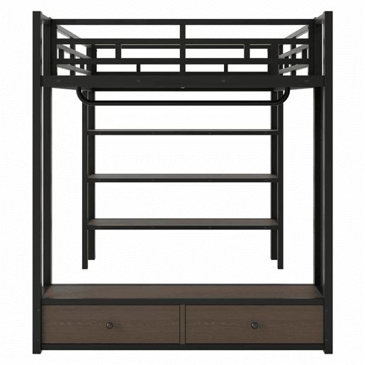 Cama alta 140x200 - armário aberto, prateleiras, painel perfurado e luz LED - preto