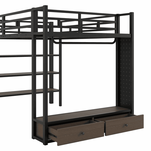 Cama alta 140x200 - armário aberto, prateleiras, painel perfurado e luz LED - preto