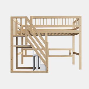 Cama alta em madeira maciça 90x200 - com escada e armário de arrumação, cama individual para crianças e jovens - cor natural