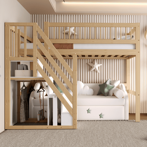 Cama alta em madeira maciça 90x200 - com escada e armário de arrumação, cama individual para crianças e jovens - cor natural