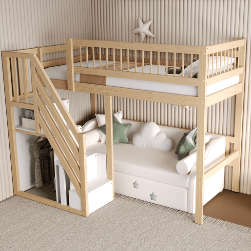 Cama alta em madeira maciça 90x200 - com escada e armário de arrumação, cama individual para crianças e jovens - cor natural