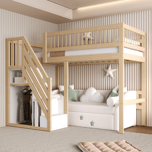 Cama alta em madeira maciça 90x200 - com escada e armário de arrumação, cama individual para crianças e jovens - cor natural