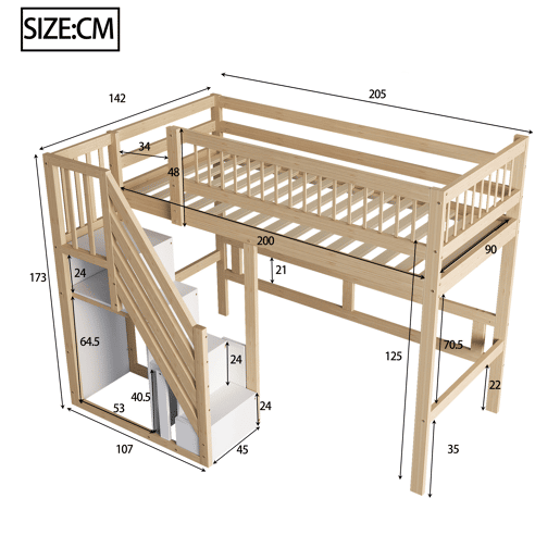 Cama alta em madeira maciça 90x200 - com escada e armário de arrumação, cama individual para crianças e jovens - cor natural