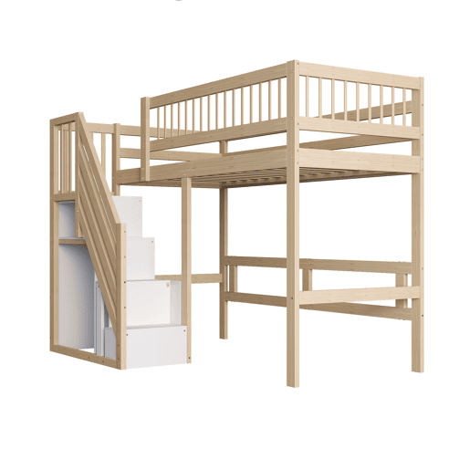 Cama alta em madeira maciça 90x200 - com escada e armário de arrumação, cama individual para crianças e jovens - cor natural