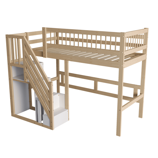 Cama alta em madeira maciça 90x200 - com escada e armário de arrumação, cama individual para crianças e jovens - cor natural