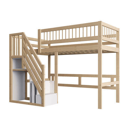 Cama alta em madeira maciça 90x200 - com escada e armário de arrumação, cama individual para crianças e jovens - cor natural