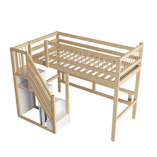 Cama alta em madeira maciça 90x200 - com escada e armário de arrumação, cama individual para crianças e jovens - cor natural