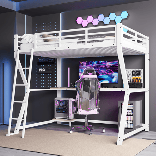 Cama alta 90x200cm - Com LED, secretária, tomada USB, prateleira para consola, escada, sem colchão - Branco