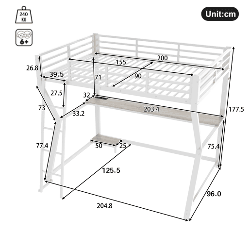 Cama alta 90x200cm - Com LED, secretária, tomada USB, prateleira para consola, escada, sem colchão - Branco