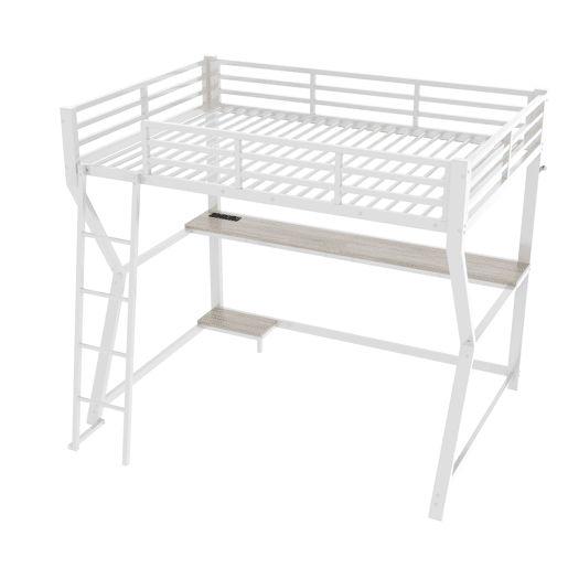 Cama alta 90x200cm - Com LED, secretária, tomada USB, prateleira para consola, escada, sem colchão - Branco