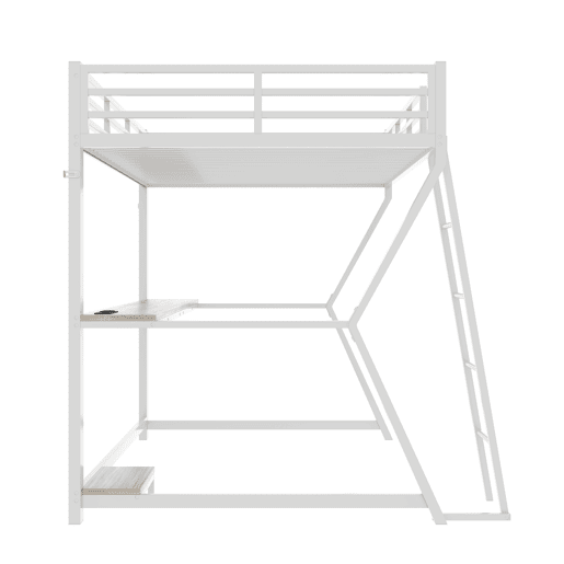 Cama alta 90x200cm - Com LED, secretária, tomada USB, prateleira para consola, escada, sem colchão - Branco
