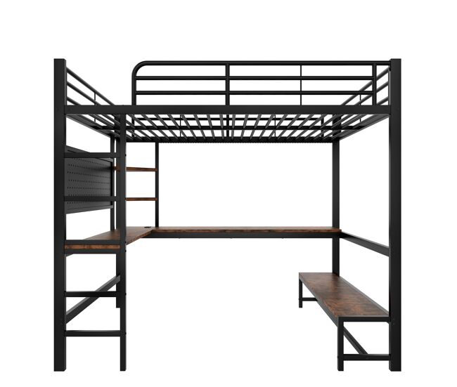 Cama alta 140x200 cm - estructura metálica, escritorio, barandilla, escalera, varias estanterías, toma usb + type-c, tira led, panel perforado - negro