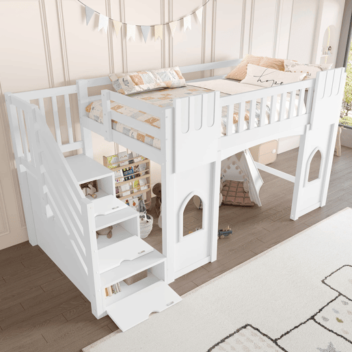 Cama alta 90x200 - com escada com arrumação e janela - Branco