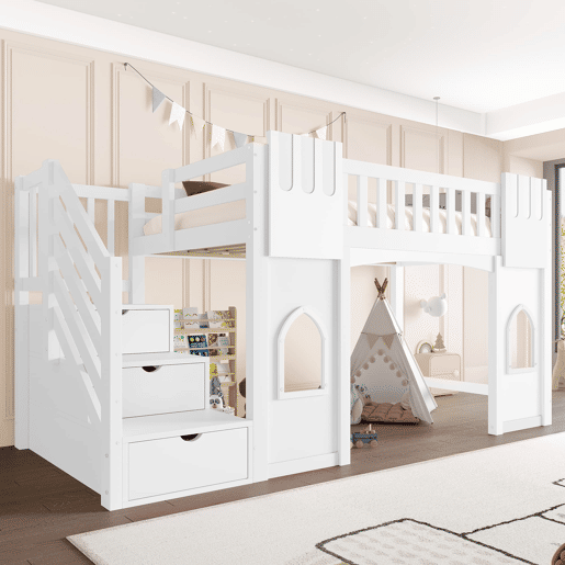 Cama alta 90x200 - com escada com arrumação e janela - Branco