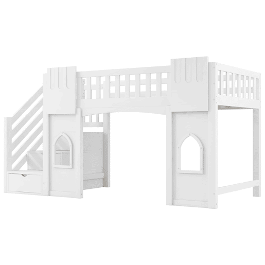 Cama alta 90x200 - com escada com arrumação e janela - Branco