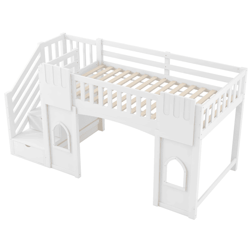 Cama alta 90x200 - com escada com arrumação e janela - Branco