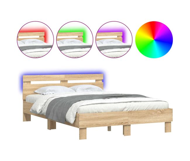 Estructura de cama matrimonial moderno con cabecero y luces led roble sonoma 135x190 cm