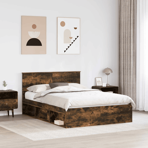 Estrutura de cama de casal com cabeceira - Carvalho Defumado 140 x 190 cm