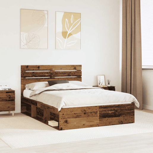 Estrutura de cama de casal com cabeceira - Madeira antiga 140 x 190 cm