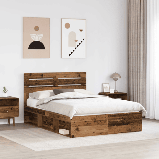 Estrutura de cama de casal com cabeceira - Madeira antiga 140 x 190 cm