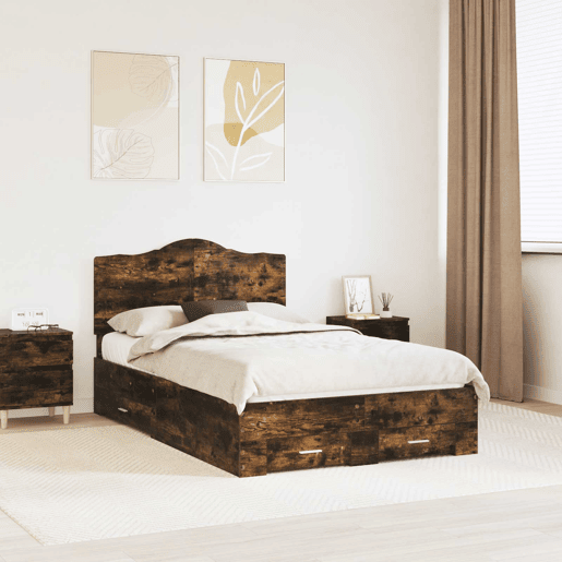 Estrutura de cama de casal com cabeceira - Carvalho Defumado 135 x 190 cm