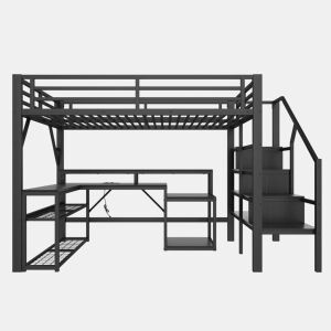 Cama alta 140x200 - com secretária, LED, USB e arrumação - Preto