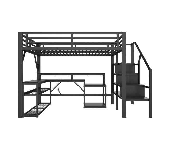 Cama alta 140x200 - con escritorio, led, usb y almacenaje - negro