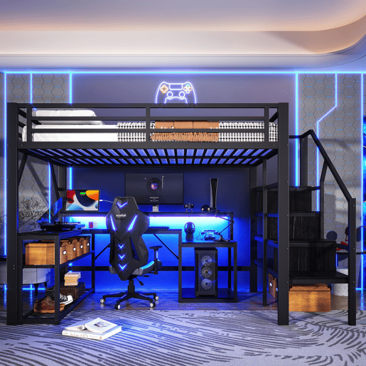 Cama alta 140x200 - com secretária, LED, USB e arrumação - Preto