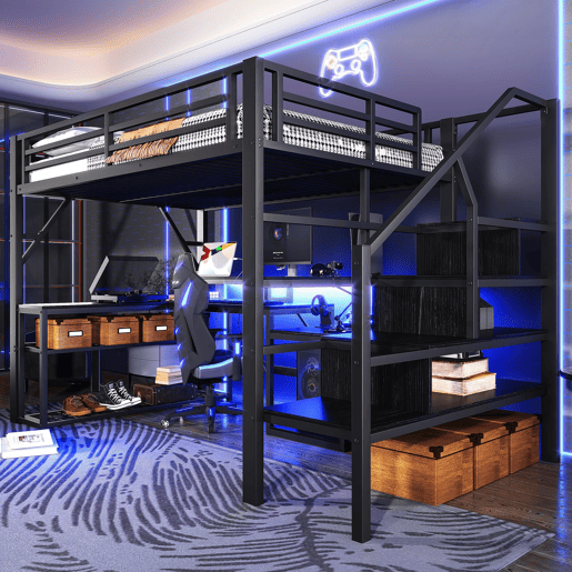 Cama alta 140x200 - com secretária, LED, USB e arrumação - Preto