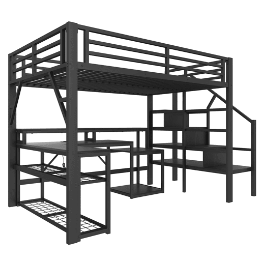 Cama alta 140x200 - com secretária, LED, USB e arrumação - Preto