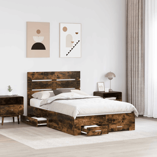 Estrutura da Cama de casal moderno com gaveta - Carvalho Defumado 135 x 190 cm