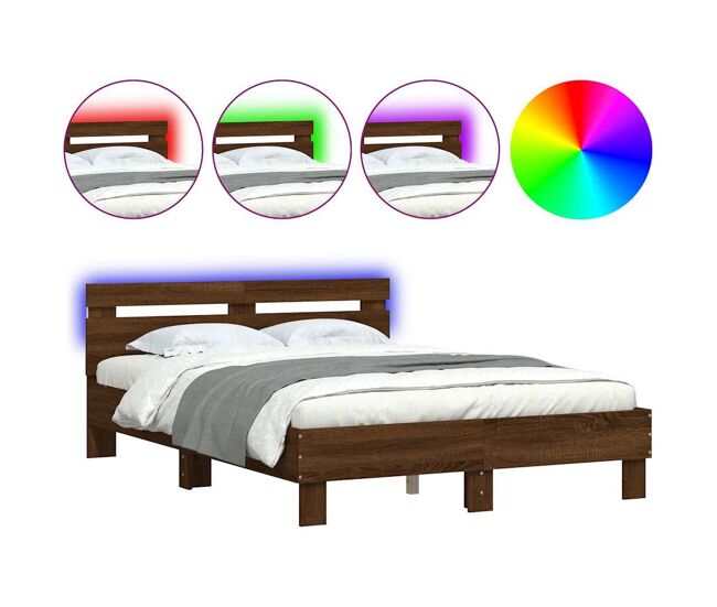 Estructura de cama matrimonial moderno con cabecero y luces led marrón roble 135x190 cm