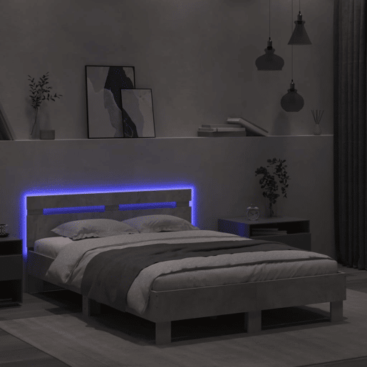 Estrutura de cama de casal cabeceira e luzes LED - 135x190cm cinzento cimento