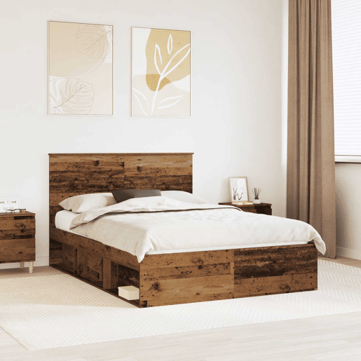 Estrutura de cama de casal com cabeceira - Madeira antiga 140 x 190 cm